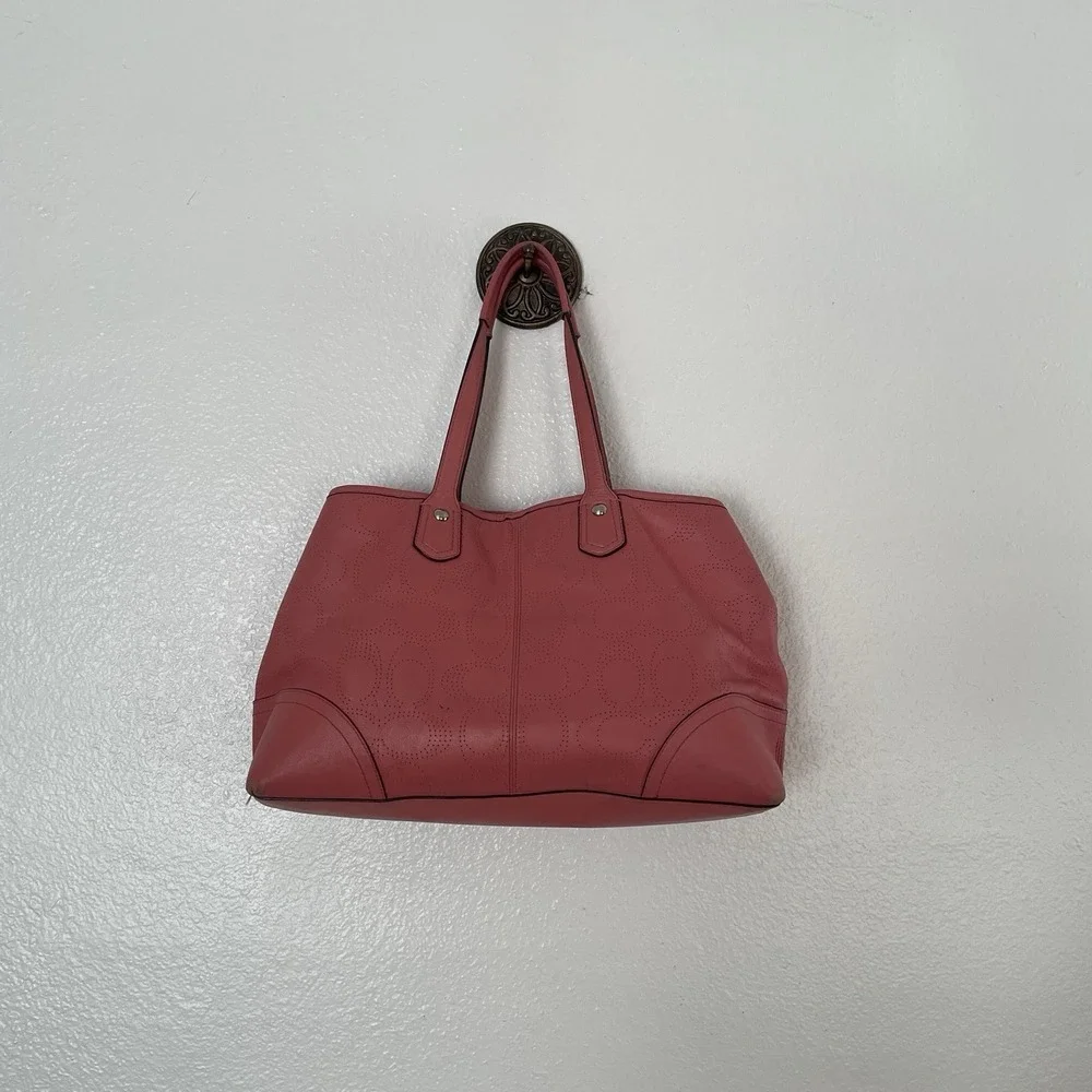 Coach 19681 Perforated Leather Carryall Satchel‎ Shoulder Bag Tote Coral Pink